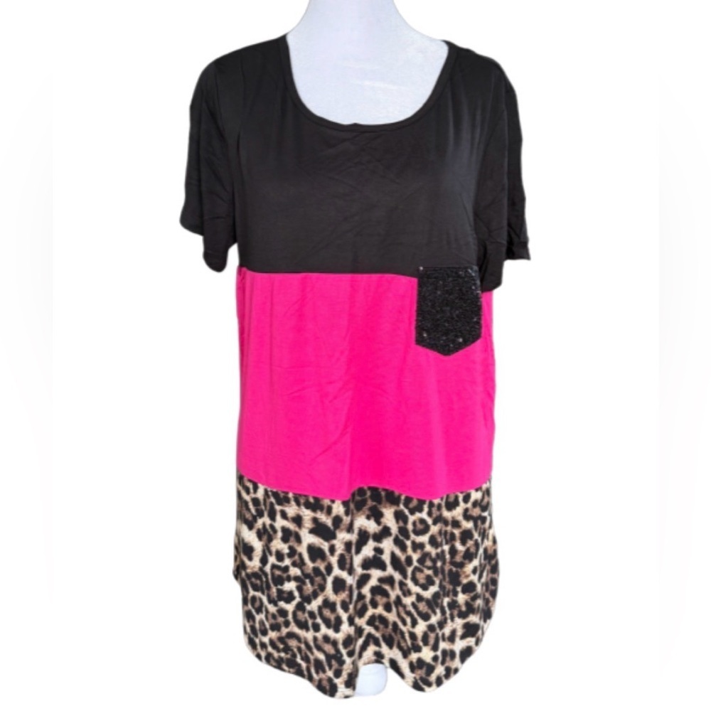 HEIMISH USA Colorblock Leopard Sequin Pocket Top